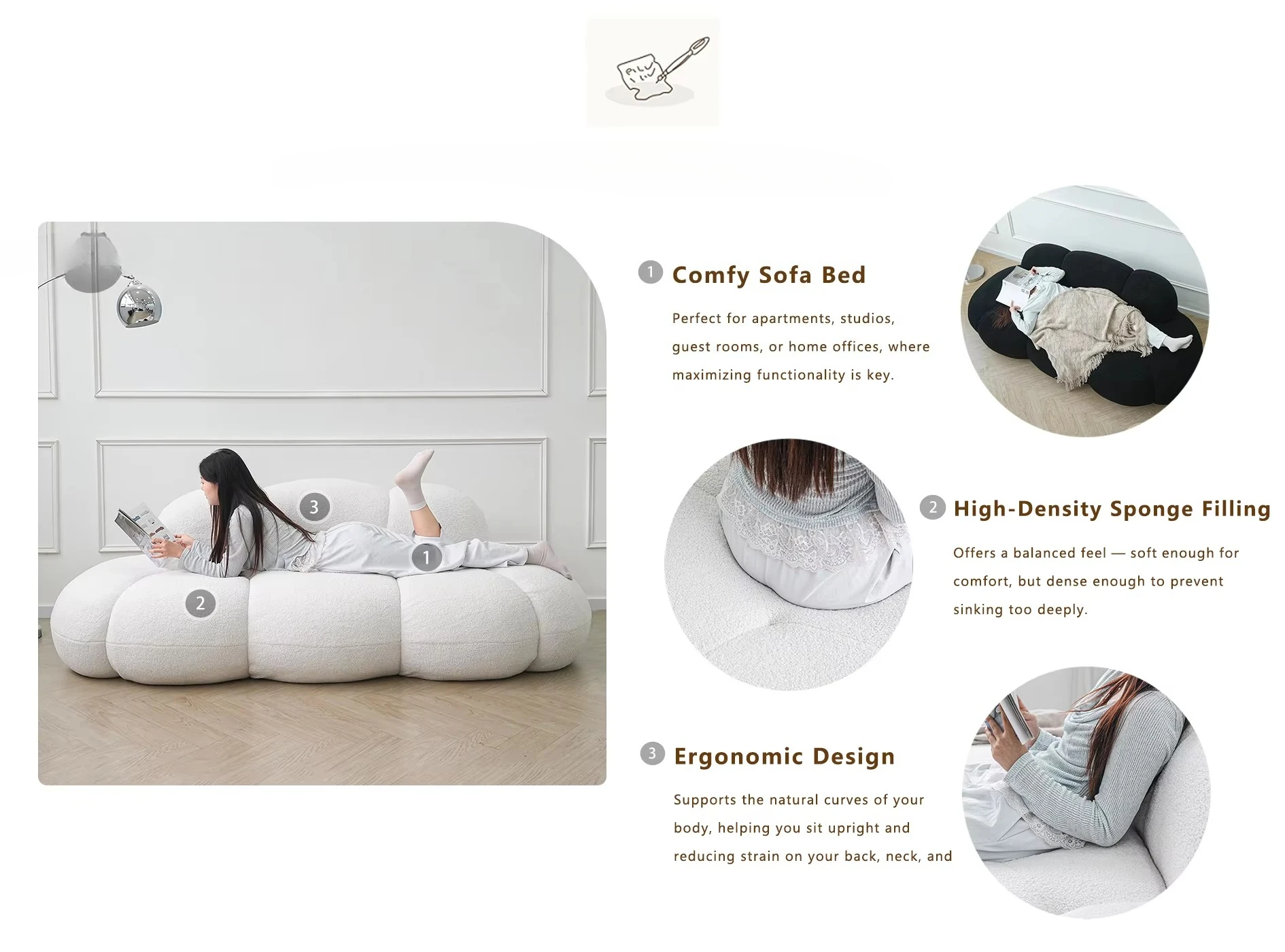 طقم أريكة أثاث غرفة المعيشة البسيط الاسكندنافي، أريكة صالة أرضية مضغوطة بالفراغ، أريكة سحابة من قماش خروف بيج