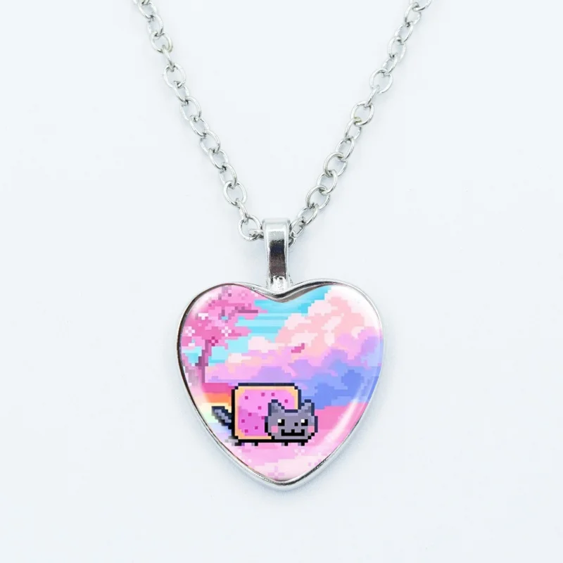 Kreative lustige Katzen-Memes-Herz-Anhänger-Halskette, Tierform, Kunstfoto, Glas-Cabochon-Schmuck, für Kinder und Frauen – Detail 4