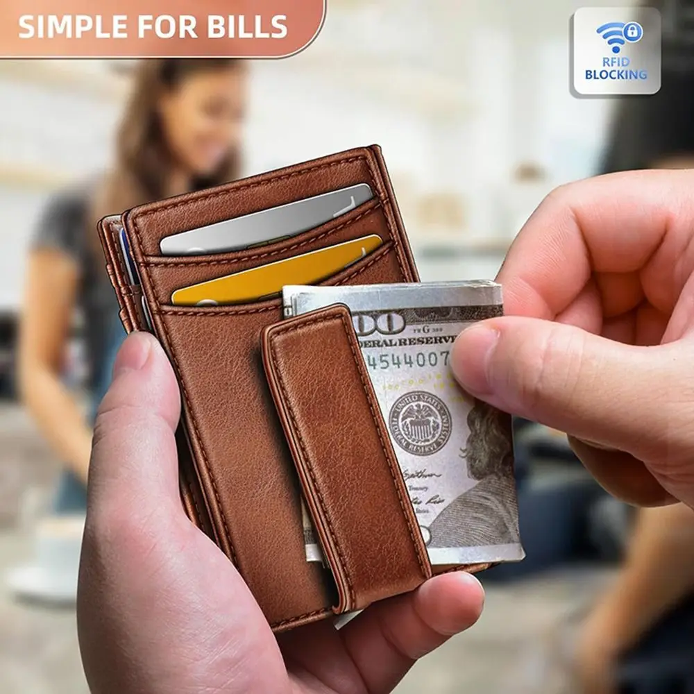 

Portable Oil Wax Men's Wallet Ultra-Thin Anti-Theft Card Bag Multifunctional Double Fold RFID Short Purses Male