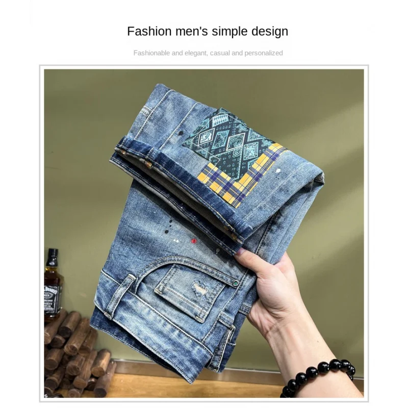 

2024 new high street hole fashion men's denim shorts stretch Slim embroidery patches graffiti spray paint men's pants