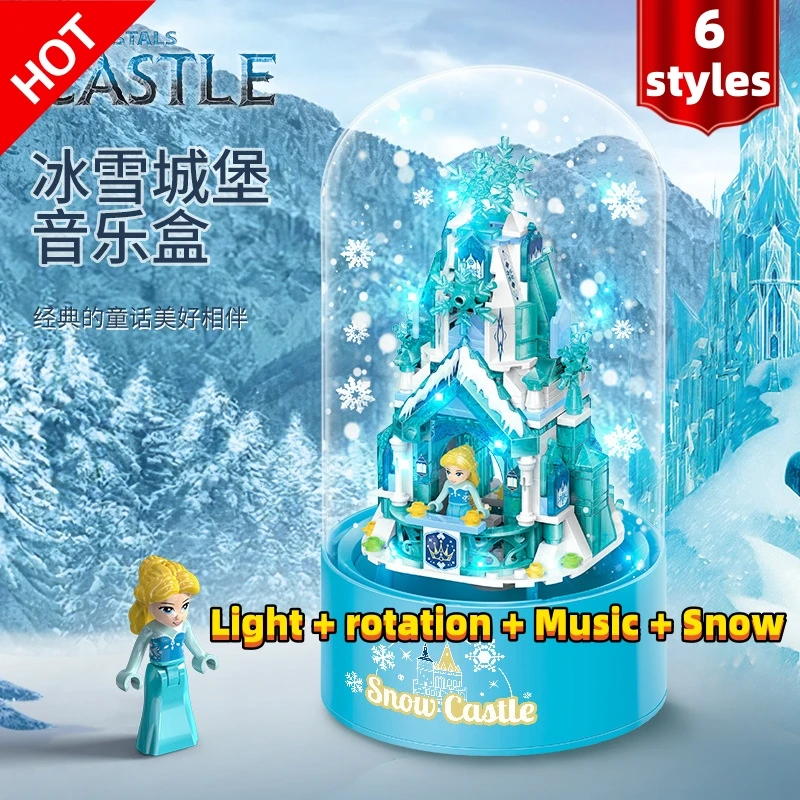 NewFrozen Snow Castle Brick Rotating Light Music Box Fairy Tale Castle Children's Christmas New Year Children Kids gifts Toys