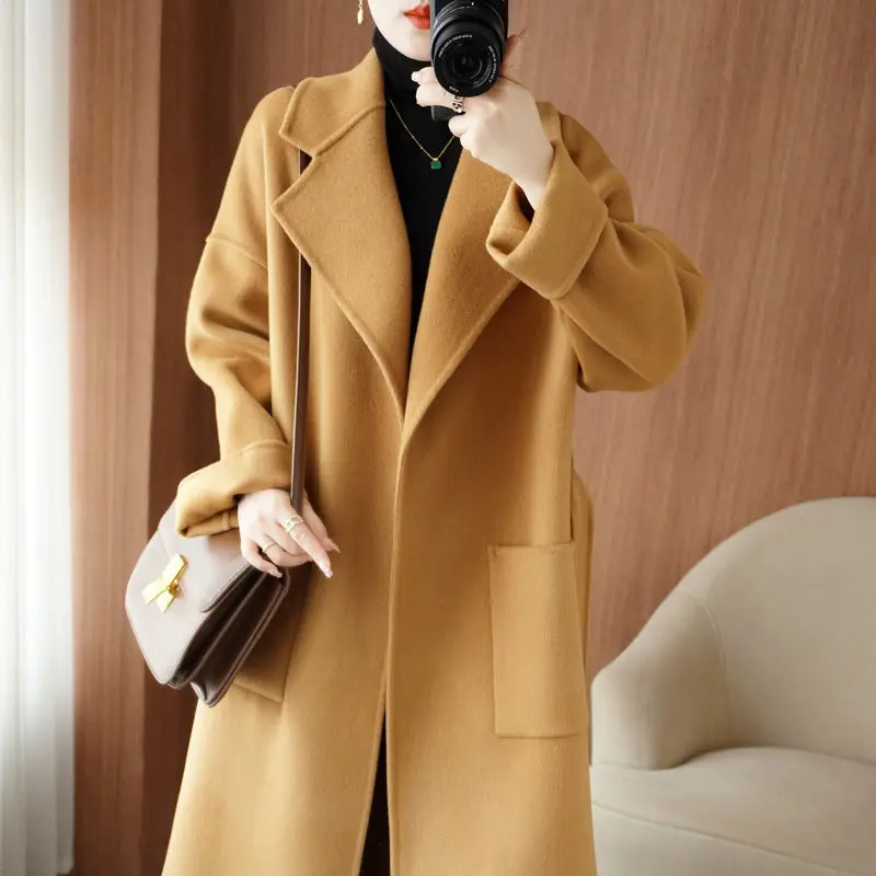 100% pure wool double-sided woolen cashmere coat women's medium and long loose thickened fat mother covering meat fat mm woolen