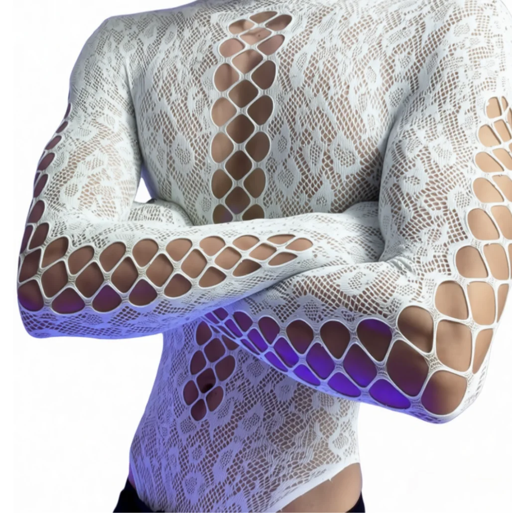 Erkek Mavi Bodysuit Siyah Beyaz Leopar Desenli Tulum Nefes Alabilen Oyuklu Erkek Kulüp Gecelik Fileli Seksi İç Giyim