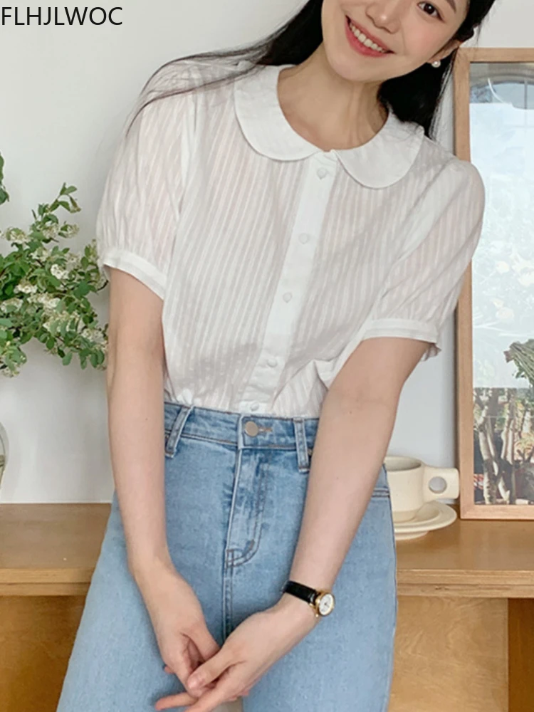 Chic Korea Cute Peter Pan Collar Tops Blusas Women Japan Girls Style Short Sleeve Vintage Single Breasted Button White Shirts