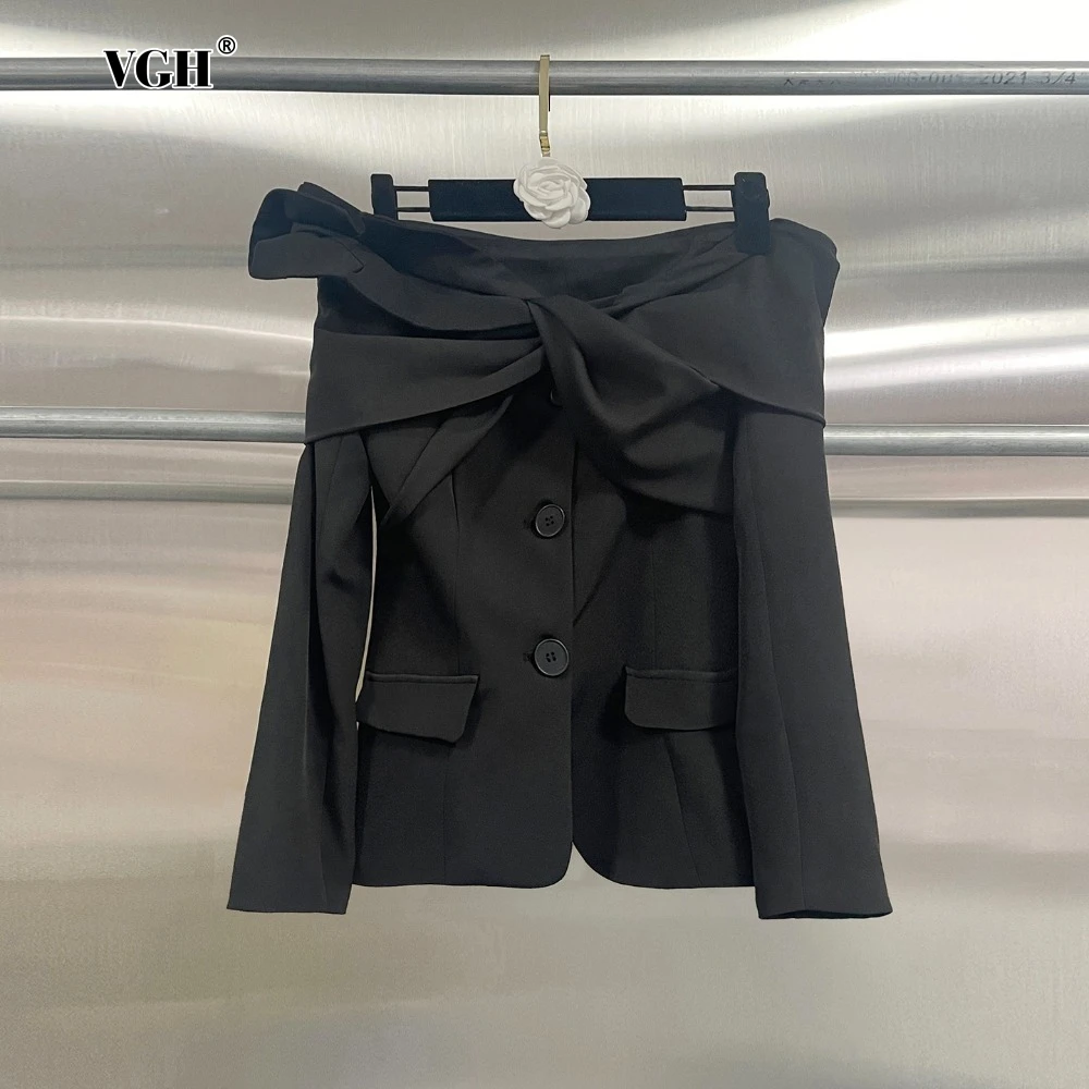 

VGH Solid Spliced Twist Blazer for Women Slash Neck Off The Shoulder Spliced Pockets Slimming Fashion Style Coat Female Autumn