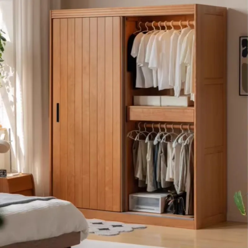 Japanese Style Modern Bedroom Flat Wardrobe Simple Solid Wood Multi-layer Board with Log Color Handheld- Cabinet Soft Bed