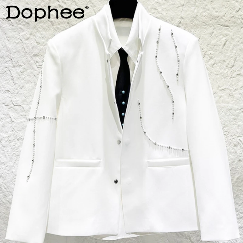 

Men's 2025 Autumn New Beaded Rhinestone Suit Jackets Men's Fashion Trendy Simple Versatile Padded Shoulder Stand Collar Jackets