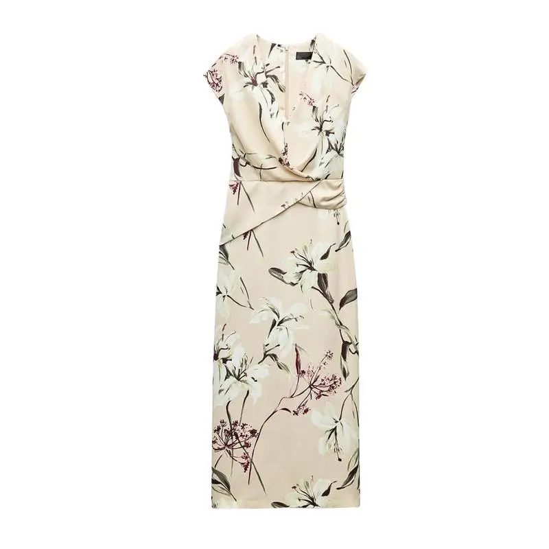 エレ ハイウエスト 花柄プリント シルクサテン オルト スベ Vネック 夏 カジュアルシック レディース ドレス ファッション トレンド