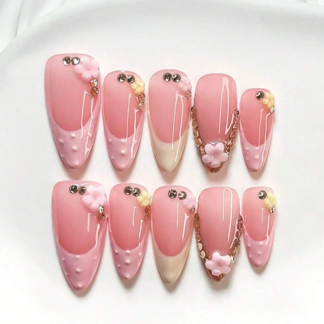 10pcs high-end Pink girl style, hand-painted three-dimensional engraved design, with glittering embedded diamonds handmade fake