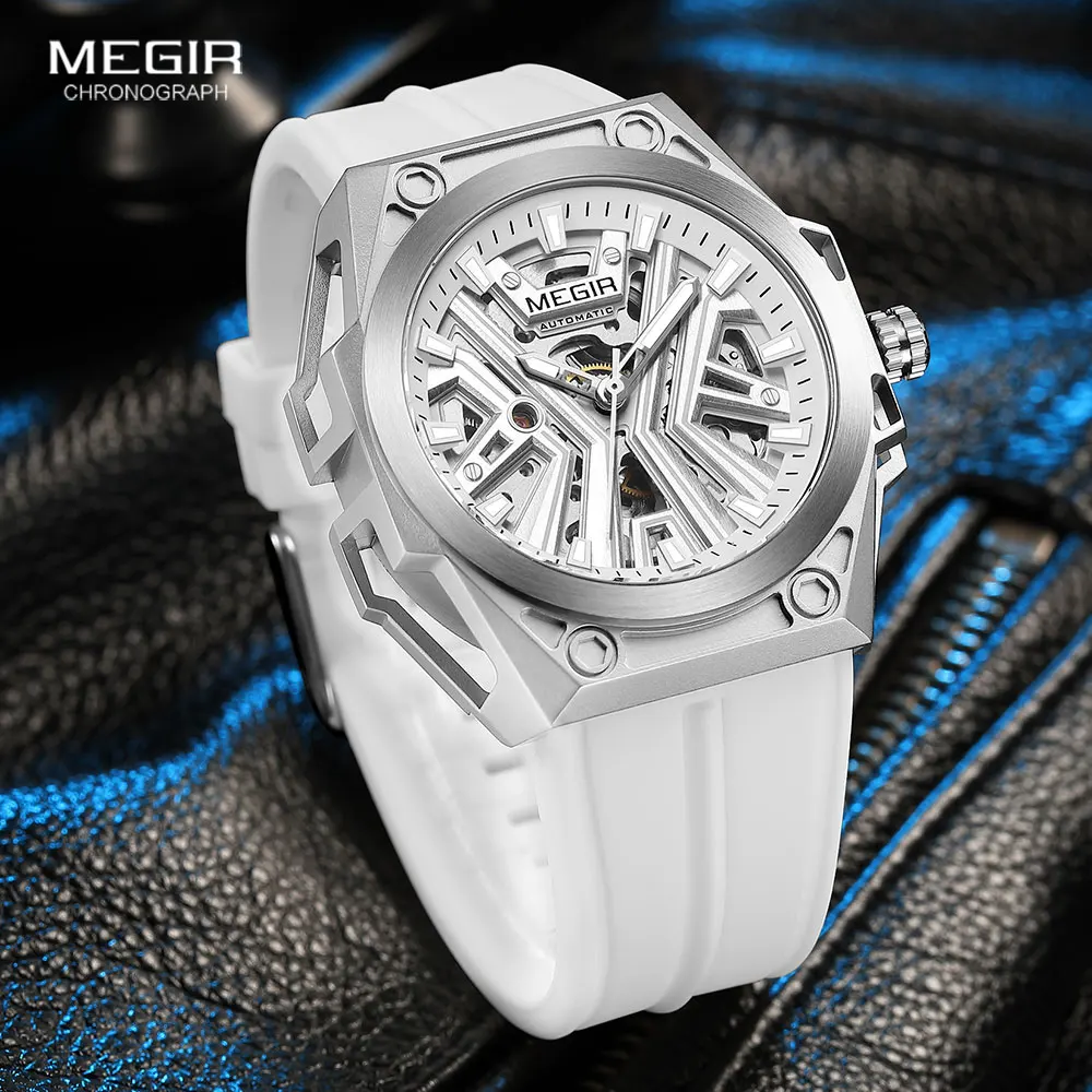 MEGIR Fashion Automatical Watch for Men Military Sport Waterproof Mechanical Wristwatch with Skeleton Dial Silicone Strap 8603