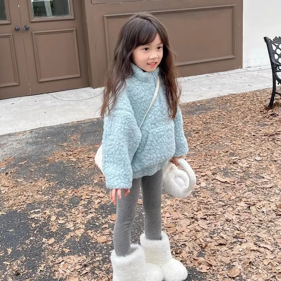 

Fashion Autumn Winter Elegance Sweet Thick Blue Lamb fleece top+Leggings 2Pcs Girls Sets Childrents Korea Clothing Kid Party Clo