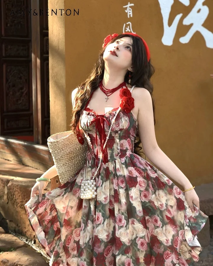 

2025 Summer New Yellow Cherry Print Vacation Style Irregular Backless Strap Dress Red Rose Dress White Lace Skirt Set