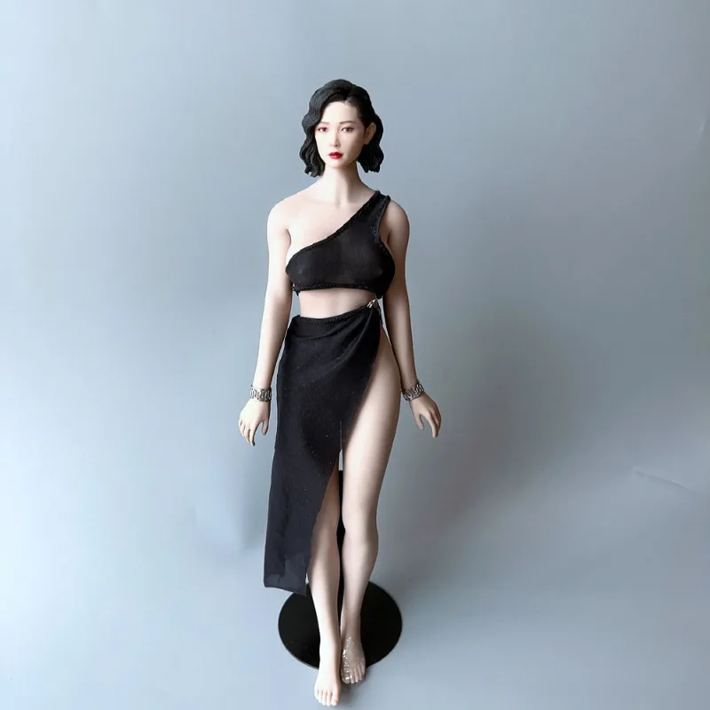 1/6 Scale Female Soldier Black One Shoulder Ultra-thin Dress with Side Slit Clothes Model for 12'' Toy Figures Body Decoration