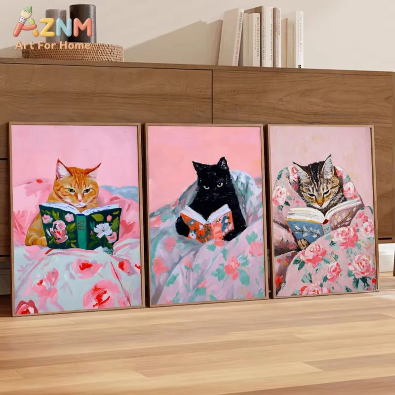 AZNM Tabby Cat Reading Book Canvas Wall Art Frameless Print, Pink Floral Blanket Kitten Oil Painting Style Poster, Cute Home Dec