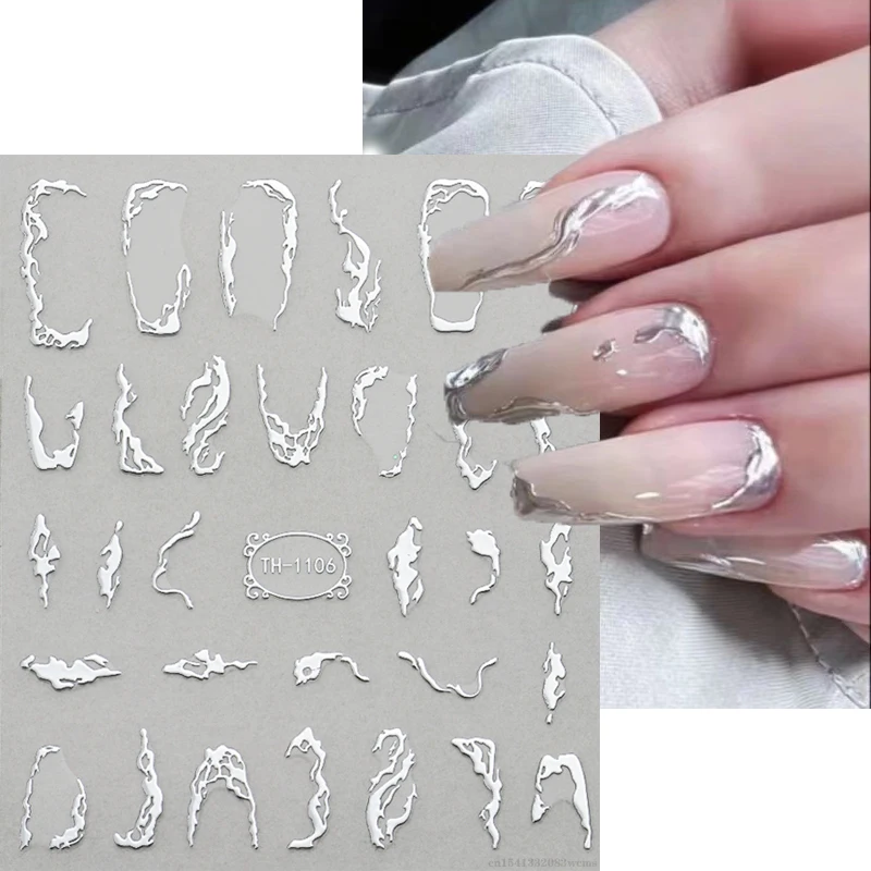 3D Nail Art Stickers Golden Wave Line Marble Blue Geometry Abstract Flowers Nail Art Sliders Decals Foils Manicure Decorations