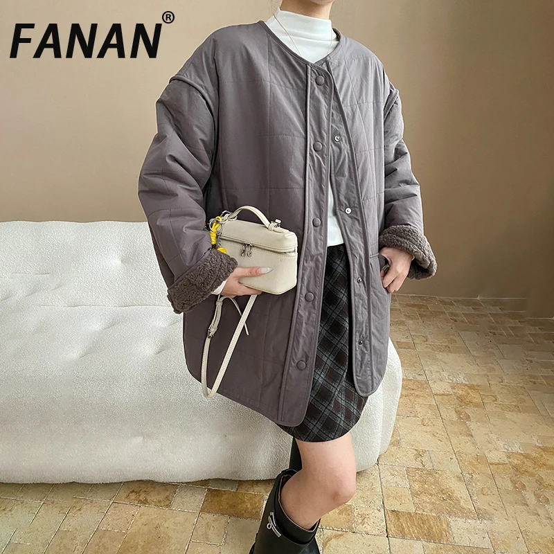 FANAN 厚手暖かい綿コート女性のためのラウンドネックシングルブレストカジュアルルーズミニマリズム多用途ジャケット 2025 冬新
