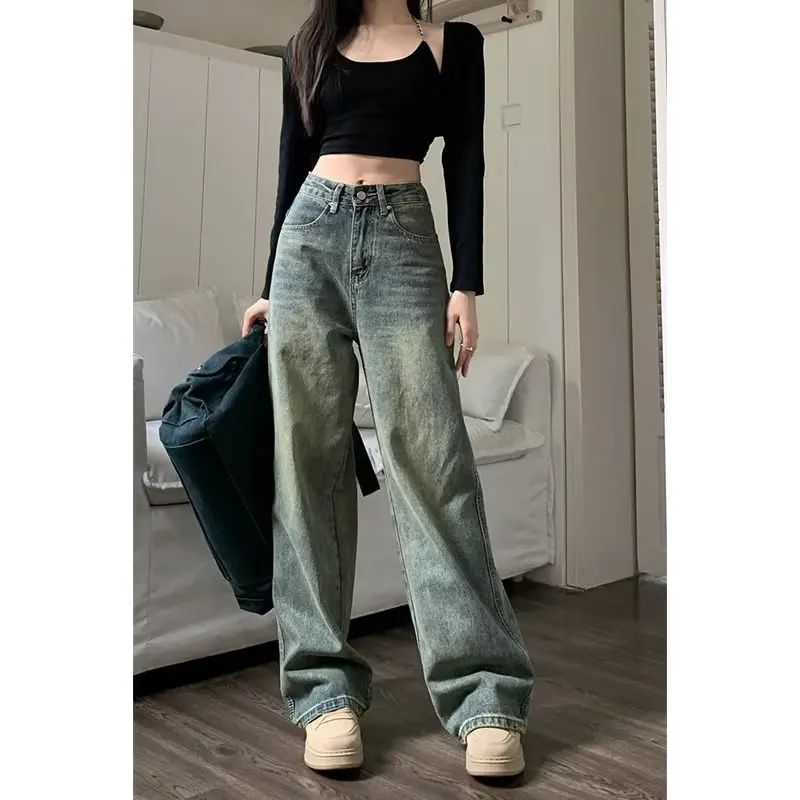 Y2K Style Jeans Women\'s New Niche Loose Jeans Retro High Street Straight High-Waisted Trousers Wide-Leg Pants