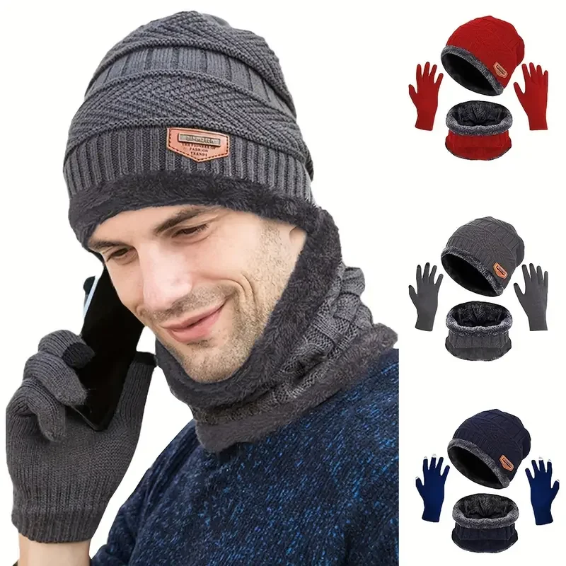 

1Set Warm & Soft Winter Fleece-lined Knitted Hat, Scarves And Touch Screen Gloves 3-Piece Set ,Perfect Ear & Neck Warmer