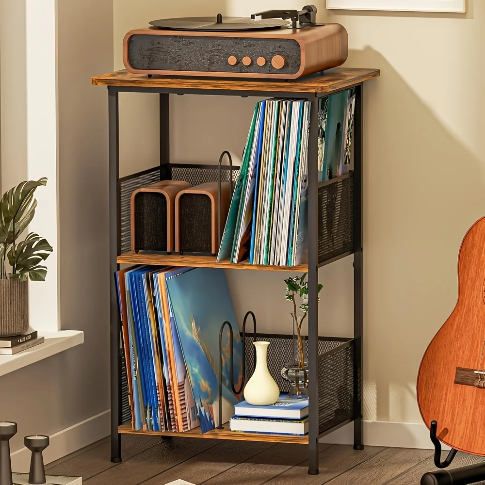 Large record player stand, suitable for storing albums, printer stand, modern side table in living room, bedroom, and office