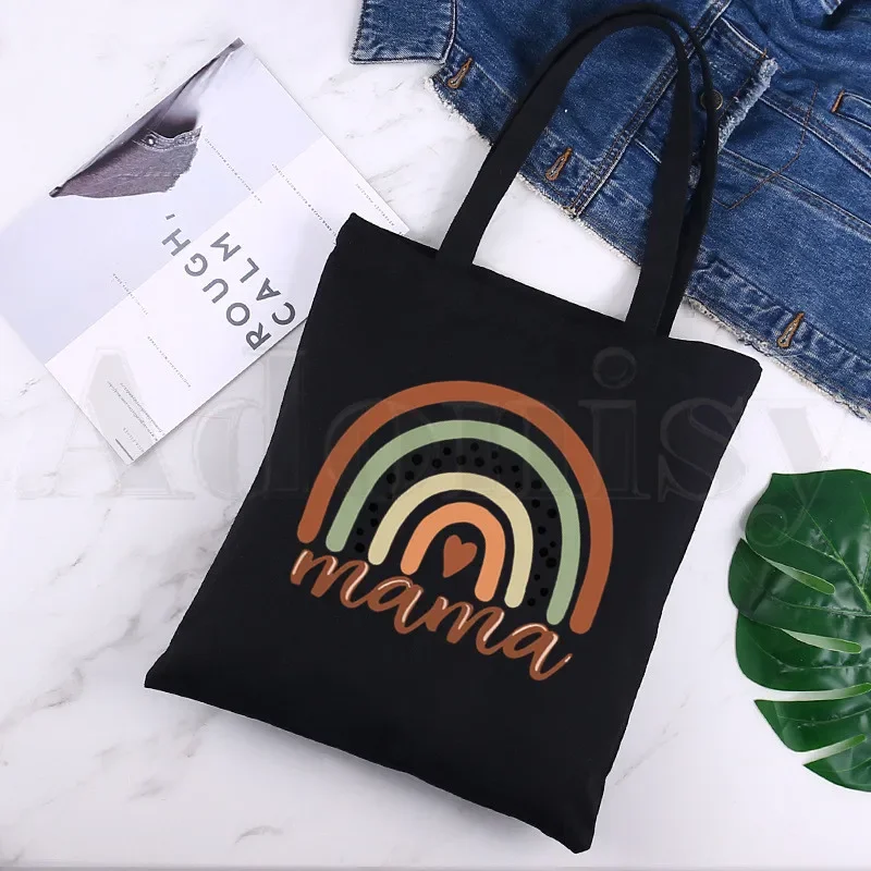 Mom Life-Bolsa de Ombro de Lona Dobrável para Mulheres, Bolsa de Compras Preta Momlife, Bolsa Ecológica, Bolsa Feminina, Uso Diário