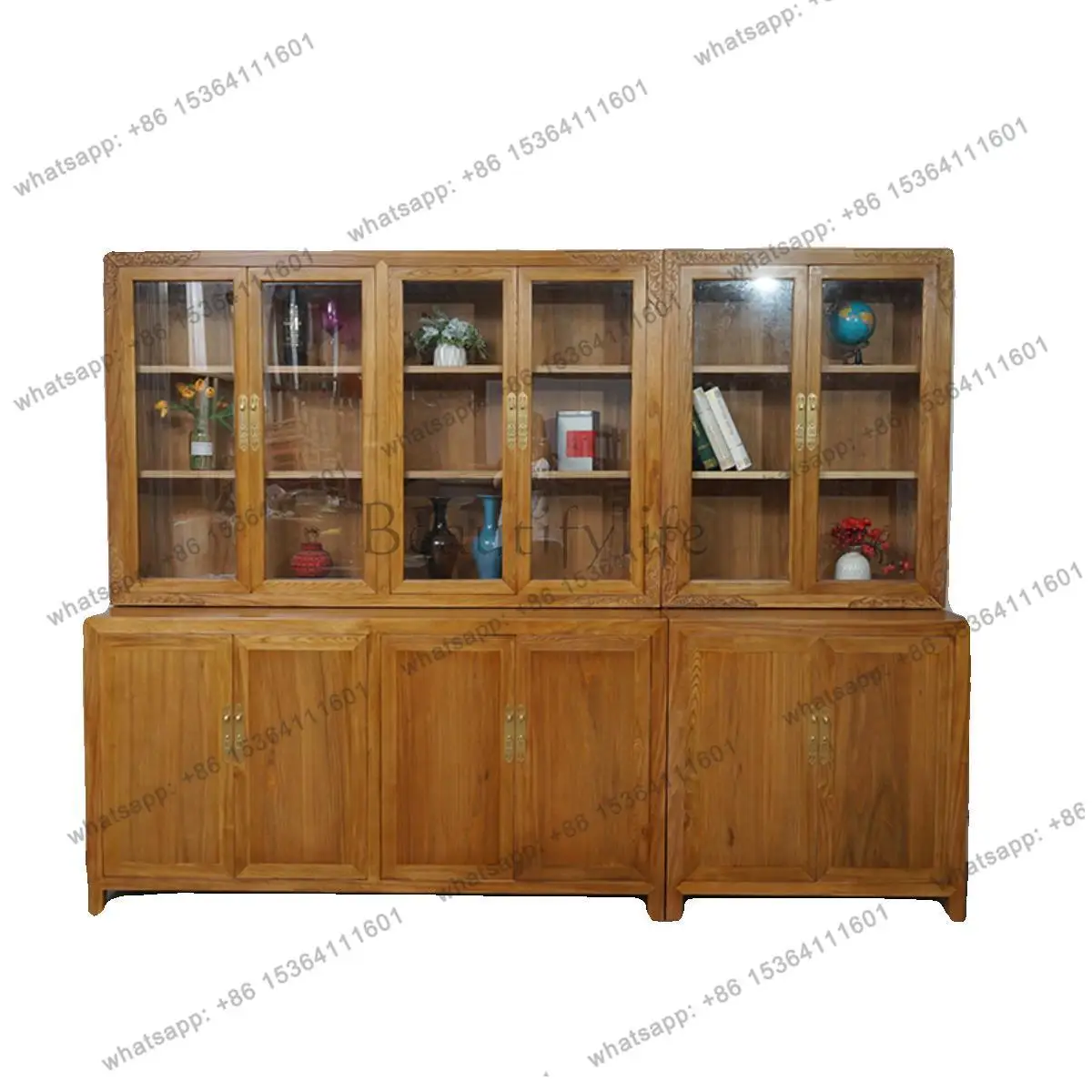 Chinese solid wood with door old elm bookcase bookcase all solid wood display cabinet with glass