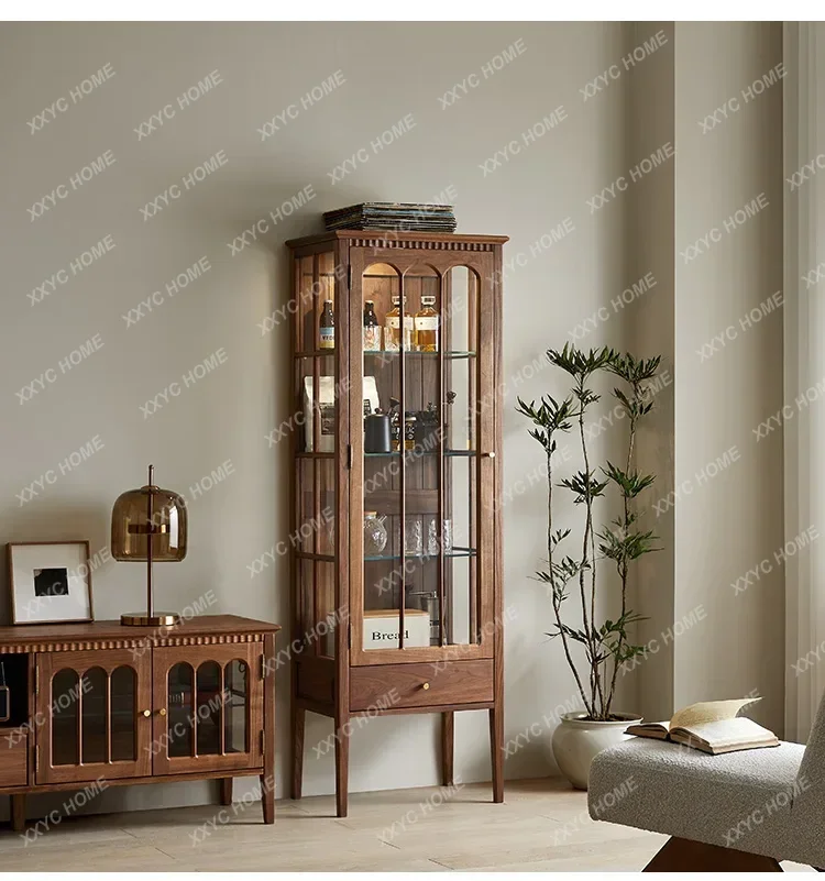 L Black Walnut Retro Wine Cabinet Living Room Display Cabinet Tableware Cup Saucer Locker Glass Cabinet with Light