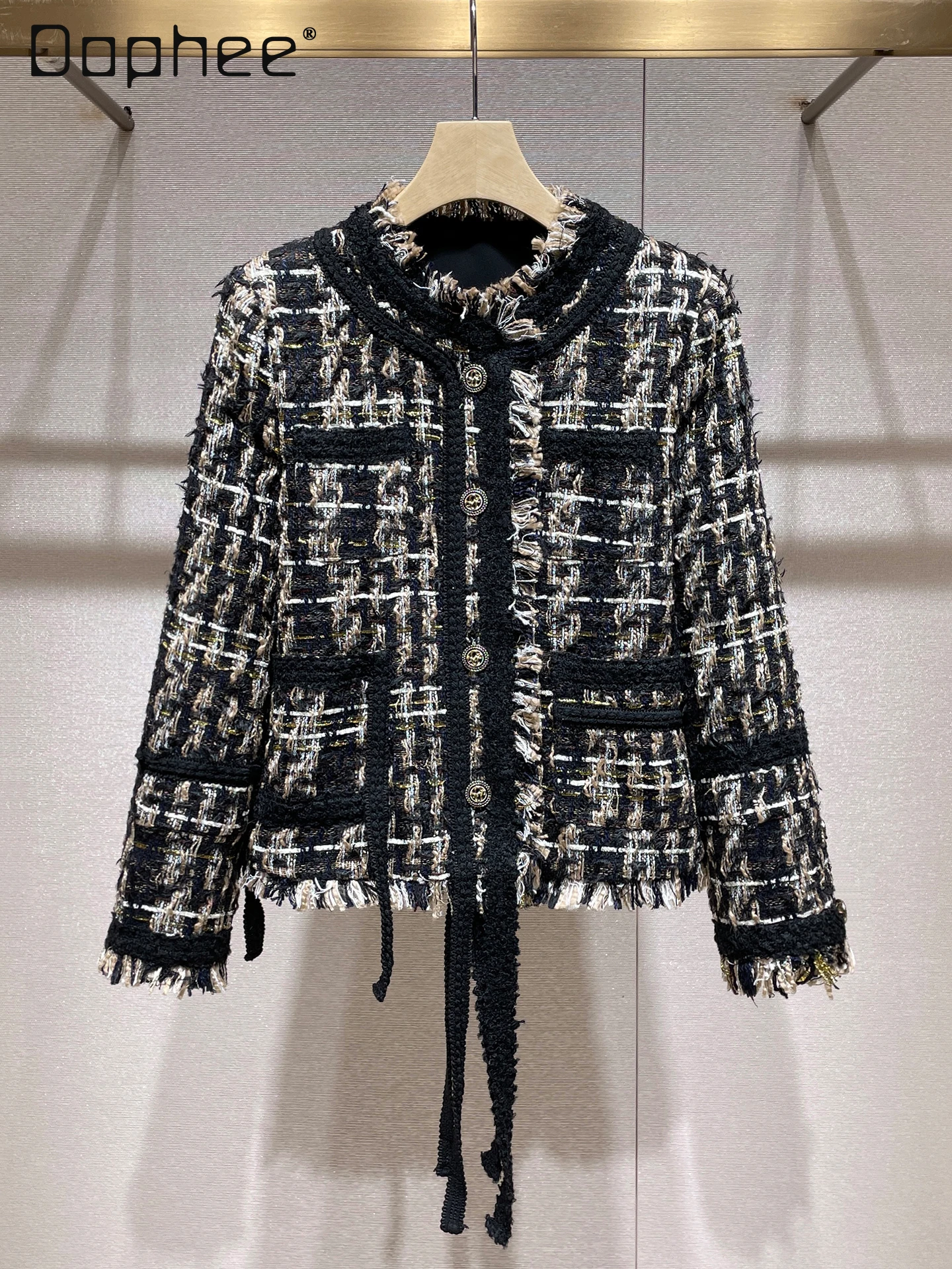 شرابة منقوشة معطف تويد خريف شتاء جديد الراقية خمر المنسوجة المرقعة اللون النمط الفرنسي معطف اجتماعي أنيق للنساء #1