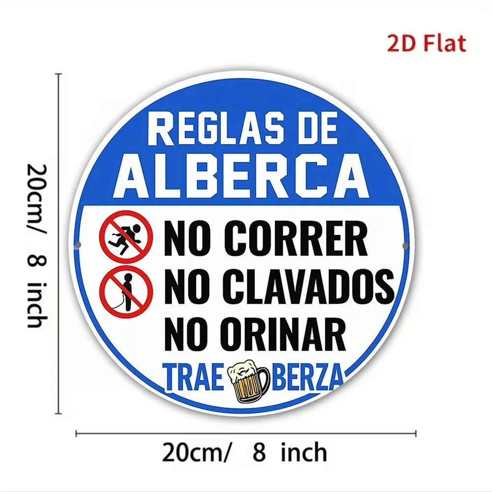 1 Piece 2D Flat Circular Aluminum Vintage Plaque, Fun Spanish Pool Rules Decoration, No Sliding, No Diving, Decorative Sign