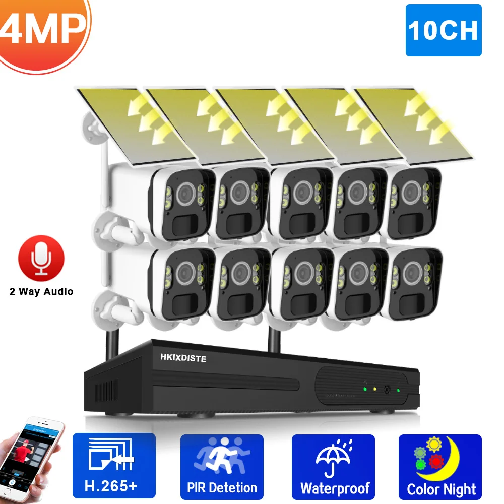 

4MP 8CH Wireless Solar Security CCTV System Outdoor Waterproof Wifi Bullet Camera Video Surveillance Kit 5MP 10CH NVR Kit 2 Way