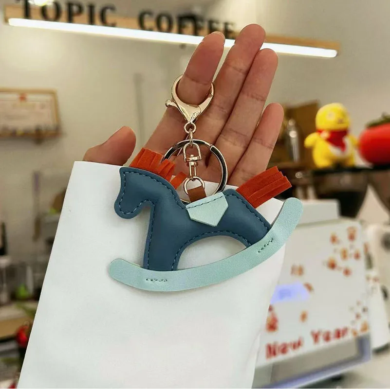 Women Leather Charms Bag Pendant KeyChain Cartoon Pony Rocking Horses Keyring Cute bag ornament Accessories Decoration Gift