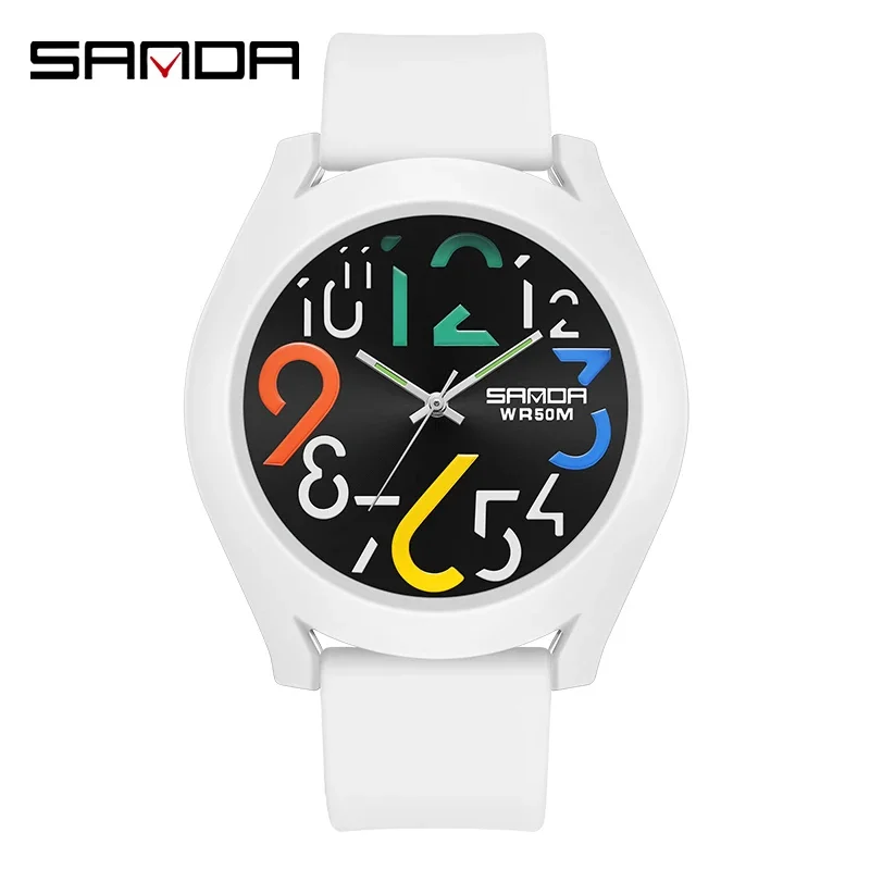 Reloj SANDA 9021 para hombre, correa de silicona, reloj resistente al agua, reloj creativo Simple para niña, reloj de cuarzo informal blanco de nueva moda 2024