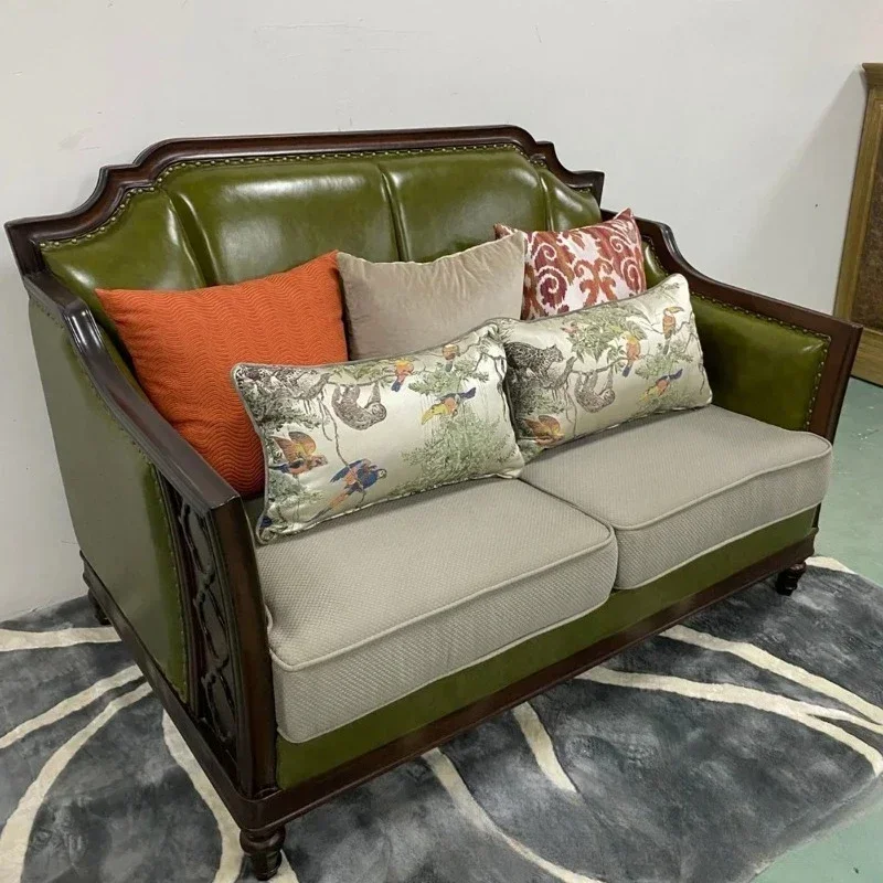 American rural retro PU leather soft bag sofa, idyllic villa living room solid wood simple green leather sofa