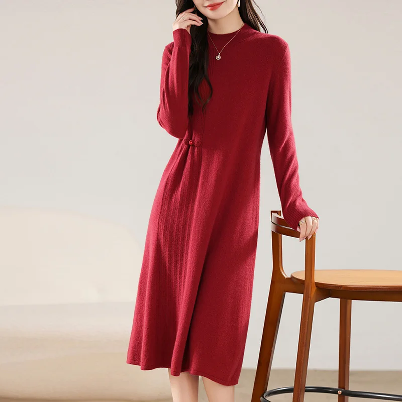 Robe longue boutonnée en laine mérinos pour femme, robe élégante, col rond, manches longues, tout à fait, chaud, automne, hiver, 100%, 2024