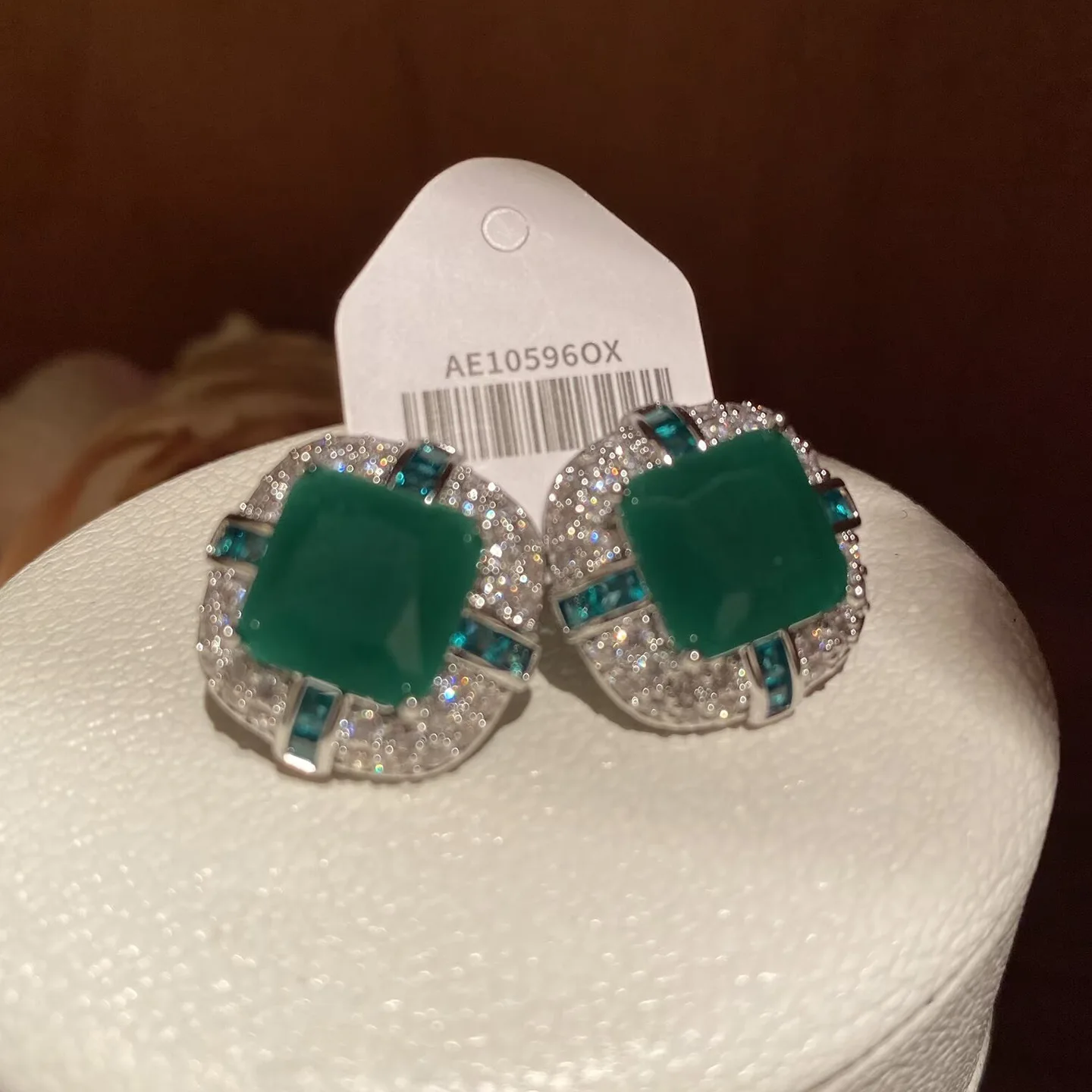 

Emerald Green Button Earrings with Micro-Paved Zircon, Ultra-Sparkling Vintage Chalcedony