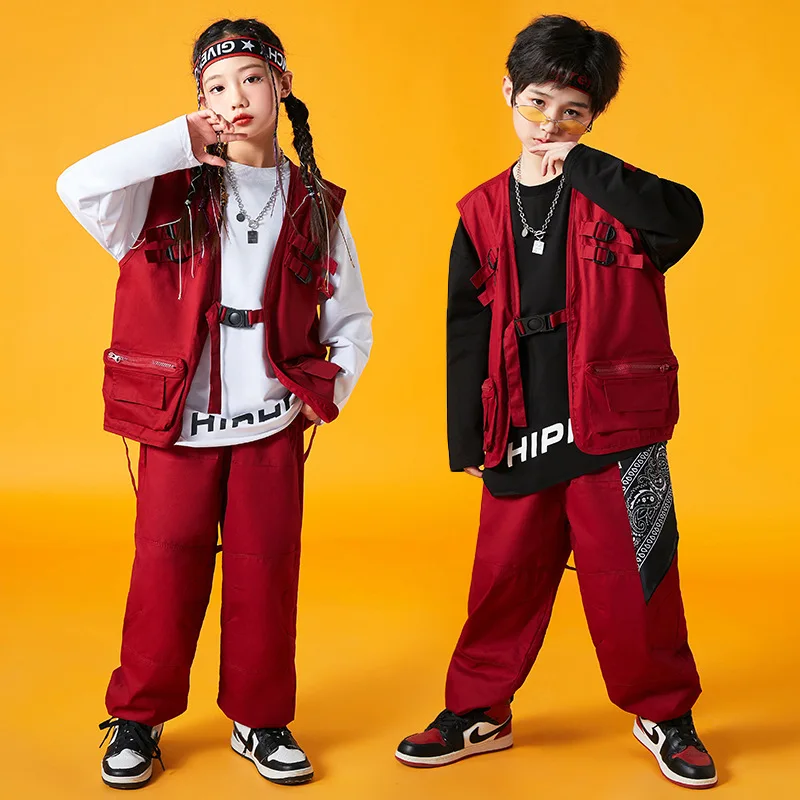 Red Series Hip Hop Dance Costume For Kids Jazz Performance Clothes Girls Kpop Outfit Boys Street Dance Drum Stage Wear BL10109