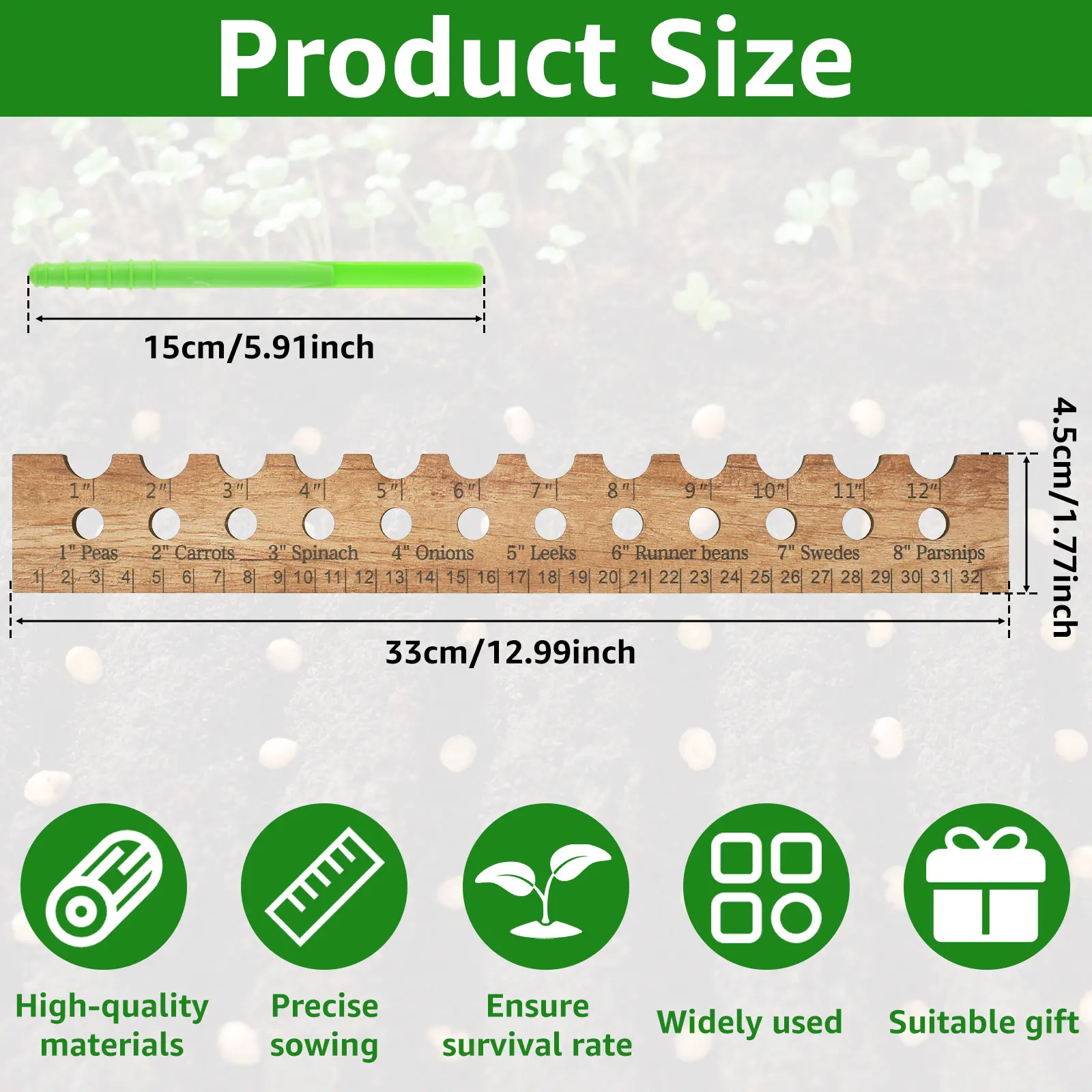 Seed Ruler and Dibber Wooden Seed Spacing Ruler with Holes Plastic Seeding Dibber Practical Planting Ruler with Inch and