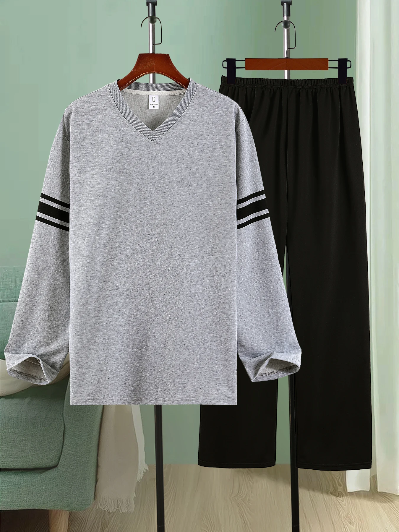 

Simple Striped Long Sleeve T-Shirt & Black Pants Set for Men, Suitable for Home & Outdoor, Casual Sportswear