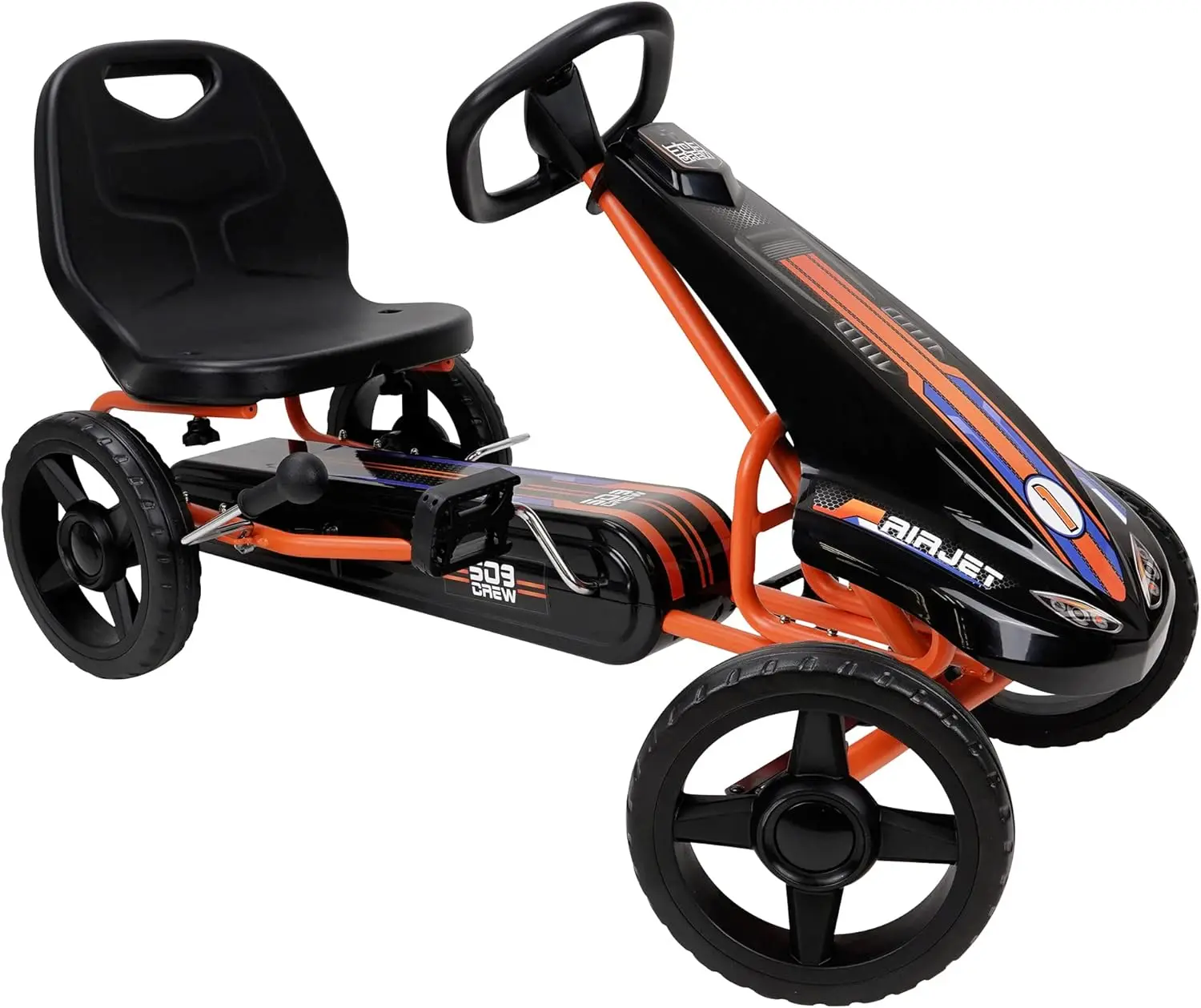 Air Jet Pedal Go Kart - Orange - Kids, Sporty Graphics on The Front Fairing, Adjustable Bucket Seat, 4 Spoke Rims w/ 10' EVA Whe