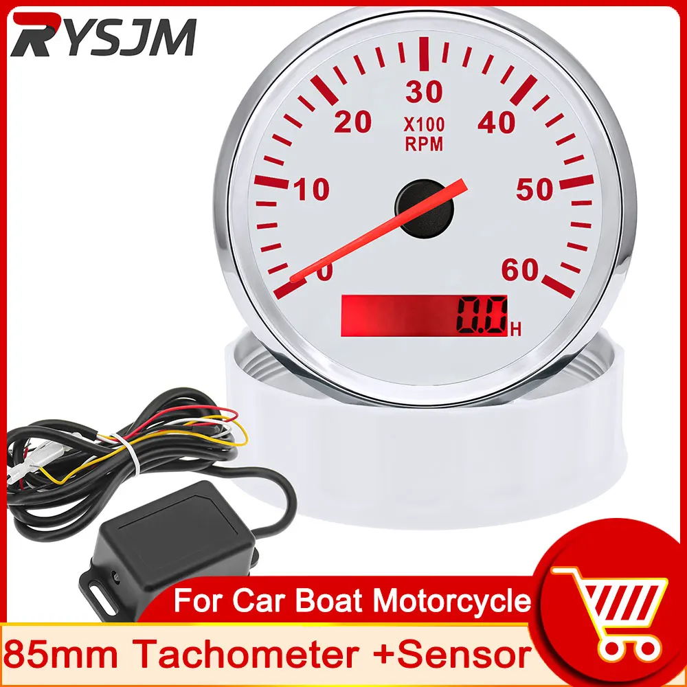 6K RPM Tachometer Gauge with Adapter for Gasoline Diesel Engines Tach Sensor REV Counter Hour Meter 85mm 12V 24V Red Backlight