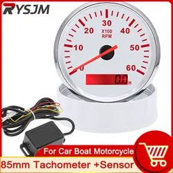 6K RPM Tachometer Gauge with Adapter for Gasoline Diesel Engines Tach Sensor REV Counter Hour Meter 85mm 12V 24V Red Backlight