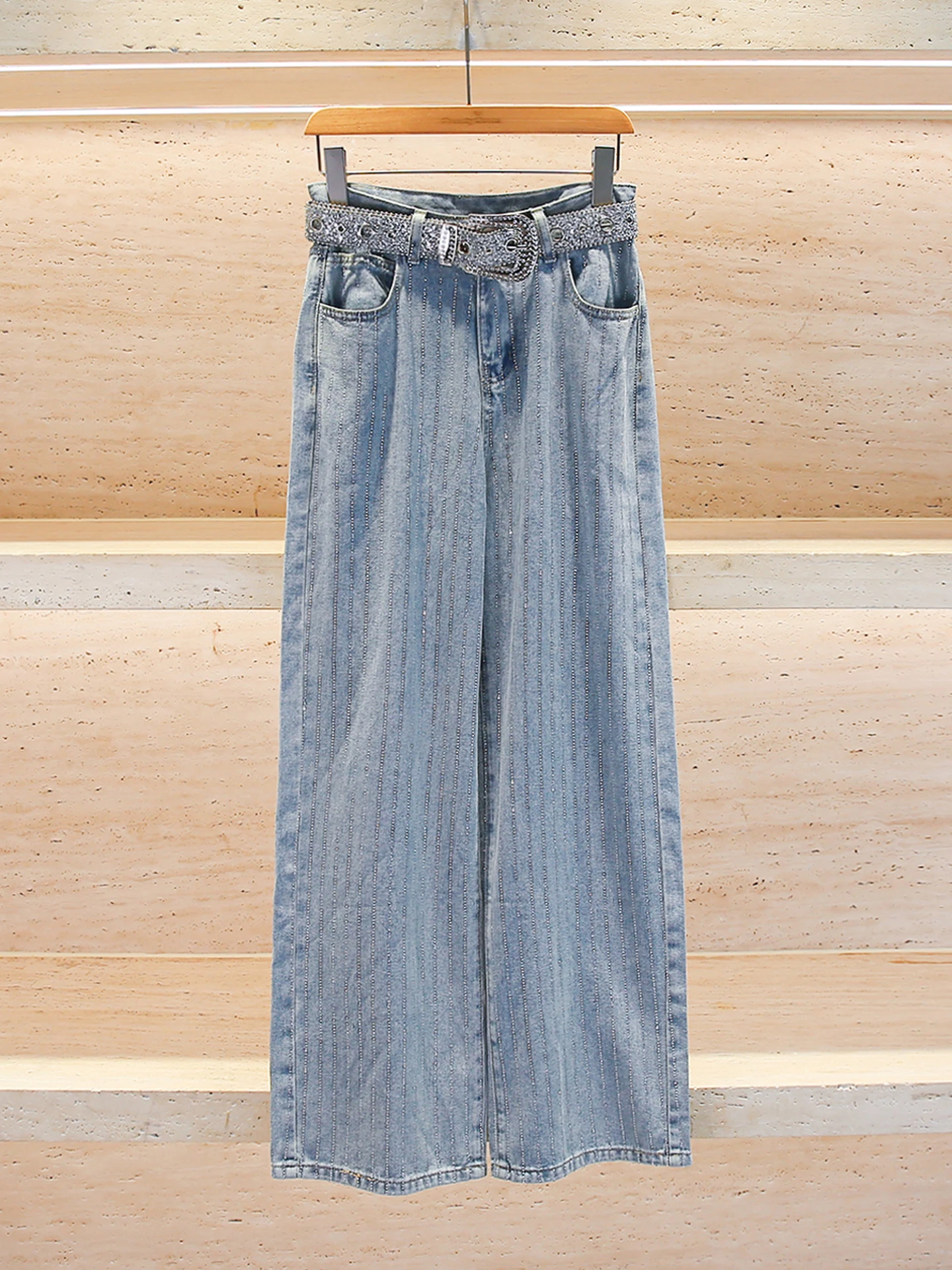 ハイウエストワイドレッグロングジーンズストライプベルトサウスオイルハイエンドレディースカジュアルハイウエストジーンズラインストーン付き2025年秋