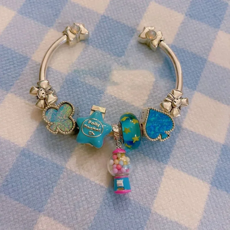 Pré-venda 925 prata esterlina estrela azul Polly Pocket charme talão com mini boneca para pulseira Pandora coleção de jóias europeias M1