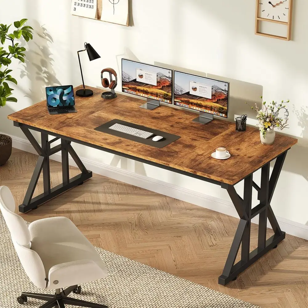 63 Executive Desk, Spacious Office Desk with Thick Elegance, Modern Computer Desk for Home Office, Rustic Brown