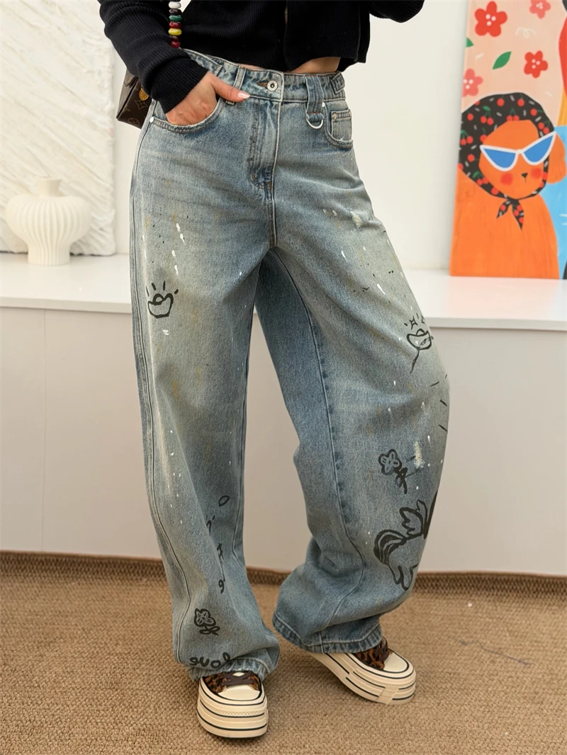 

Ретро джинсы с принтом, свободного кроя, с широкими штанинами, с высокой талией, женские, повседневные, с защитой от пятен, эластичные, удобные, синий деним