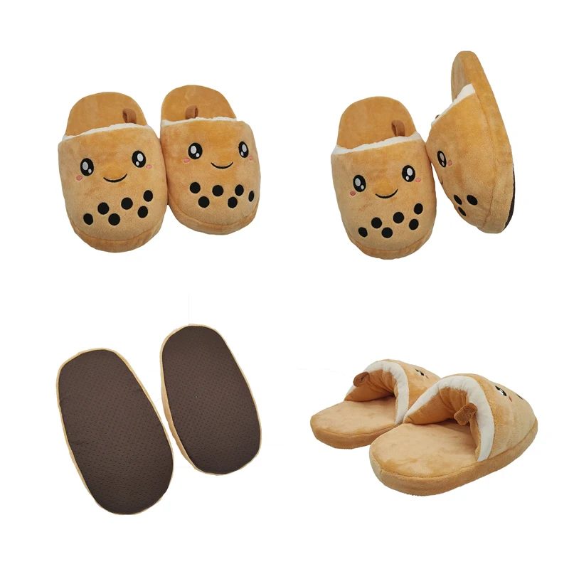 

Cute Fluffy Cartoon Milk Tea Plush Slippers Women Fur Slippers Winter Warm Plush Parent-Child Floor Slides Indoor Bedroom Girls