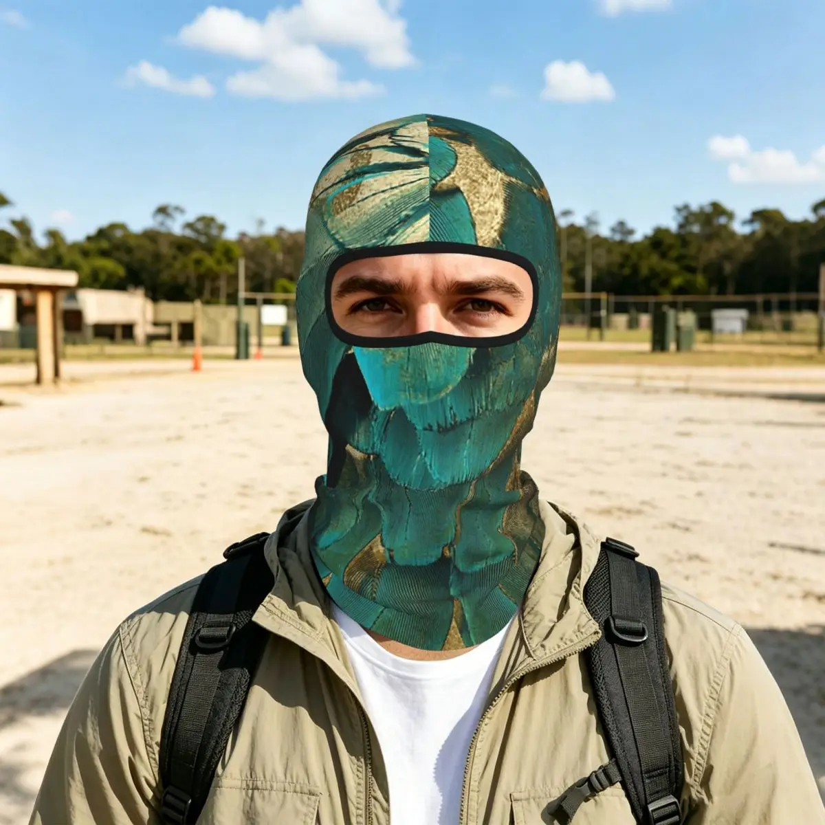 Feather Glitter Teal And Gold Breathable Thin Balaclava Full Face Mask Sun Protection Neck Gaiter For Motorcycle Cycling Outdoor