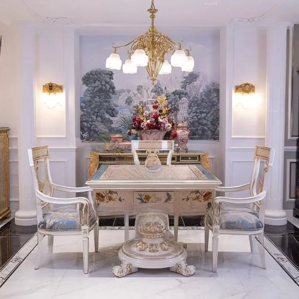 

Solid wood carved veneer shell parquet automatic mahjong table French household chess and card table