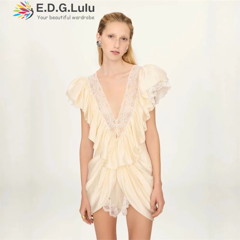 EDGLuLu Deep V-Neck Lace Splice Short Sleeves Dresses Woman Design Irregular Ruffle Splicing  Vacation Beach Mini Dress 0428