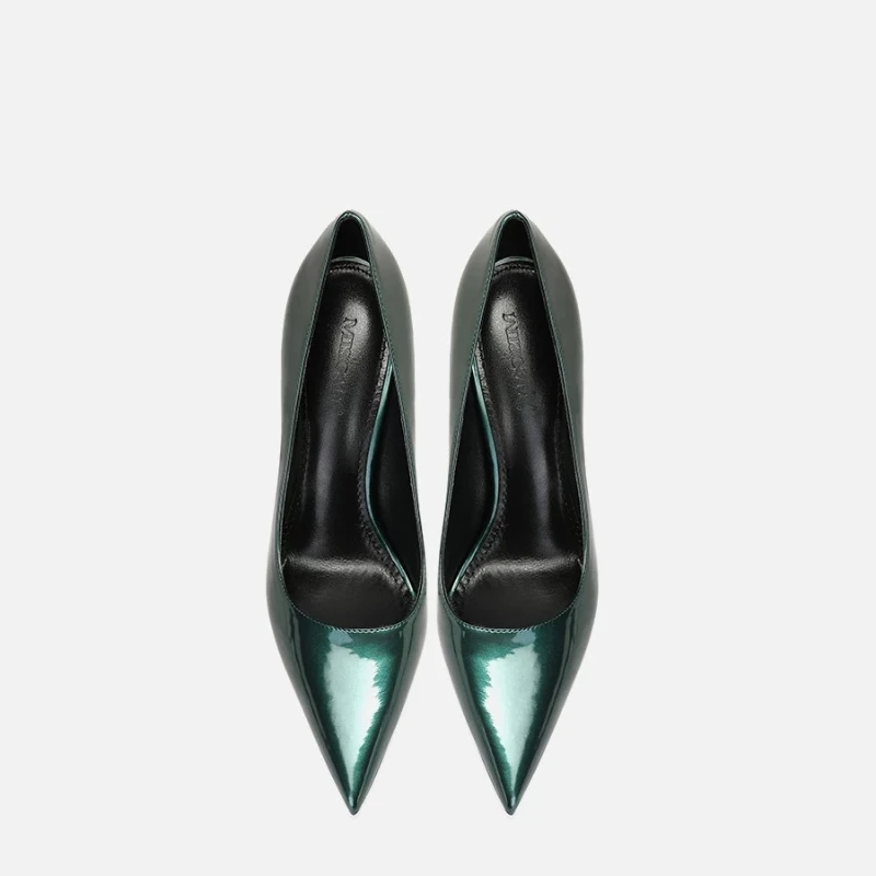

New dark green high-heeled shoes for women with a high-end feel, slim heels, pointed toes, and sexy shallow mouth single shoes