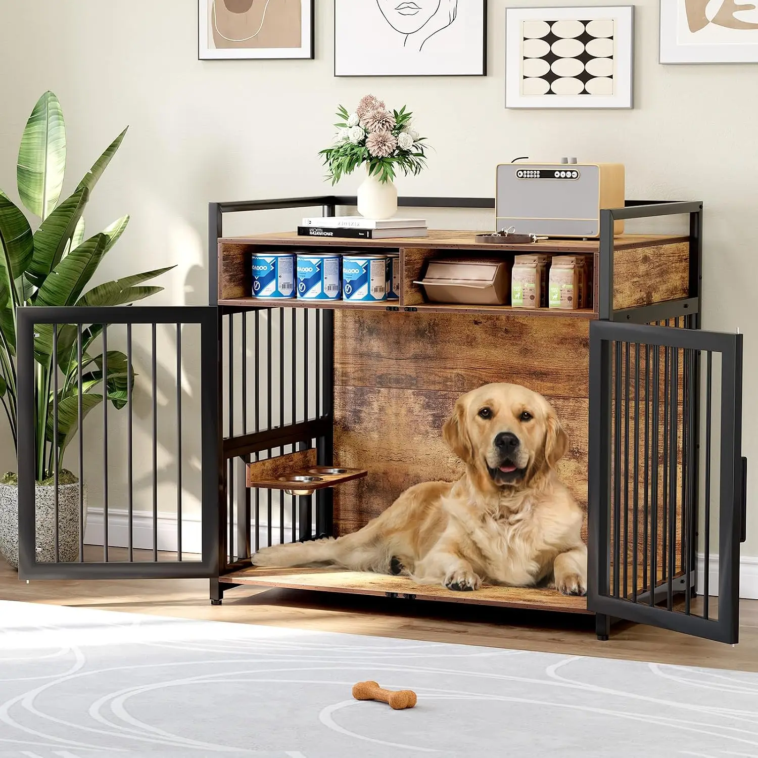Garvee Dog Crate Furniture Indoor Wooden Dog Crate with Shelves and Storage Layers Adjustable Legs 360-Degree Rotating Dog Bowl Double Door Design Decorative Furniture Dog Bed